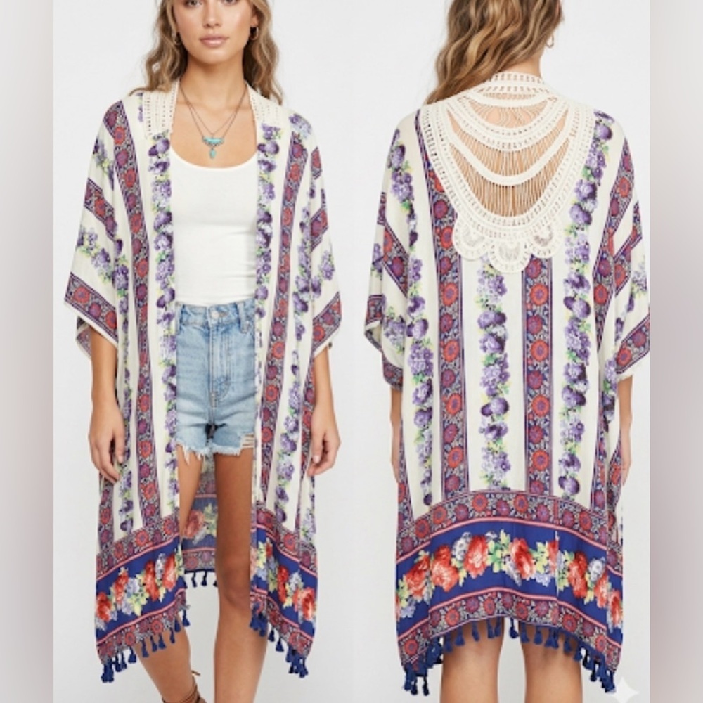 Kori America Purple Orange Boho Floral Tassel Trim Open Kimono XL